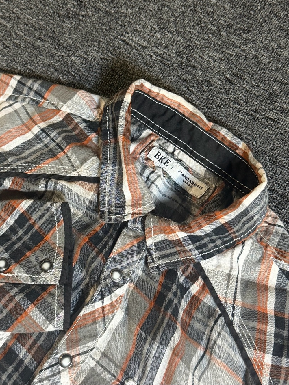 BKE Men's Orange, Gray and White Plaid Button-Down Shirt
